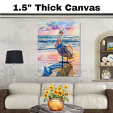 Watercolor Painting of Pelican on Beach with Sunset Sky and Ocean Waves Reflected in Sand on Ready to Hang 1.5" Thick Canvas Wrap, Floating Framed Canvas, Flat Rolled Canvas