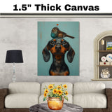 Playful Black and Tan Dachshund with Colorful Bird on Head Whimsical Pet Illustration for Nursery or Kids Room Fun Art Print for Dog and Animal Lovers on Ready to Hang 1.5" Thick Canvas Wrap, Floating Framed Canvas, Flat Rolled Canvas