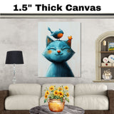 Smiling Blue Cat with Orange-Breasted Bird on Head Playful Whimsical Animal Illustration for Nursery or Kids Room Cute Art for Cat and Bird Lovers on Ready to Hang 1.5" Thick Canvas Wrap, Floating Framed Canvas, Flat Rolled Canvas