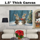 "Enchanted Forest Cheer: Bunnies Exchanging Gifts" Ð Cozy Winter Scene on Ready to Hang 1.5" Thick Canvas Wrap, Floating Framed Canvas, Flat Rolled Canvas