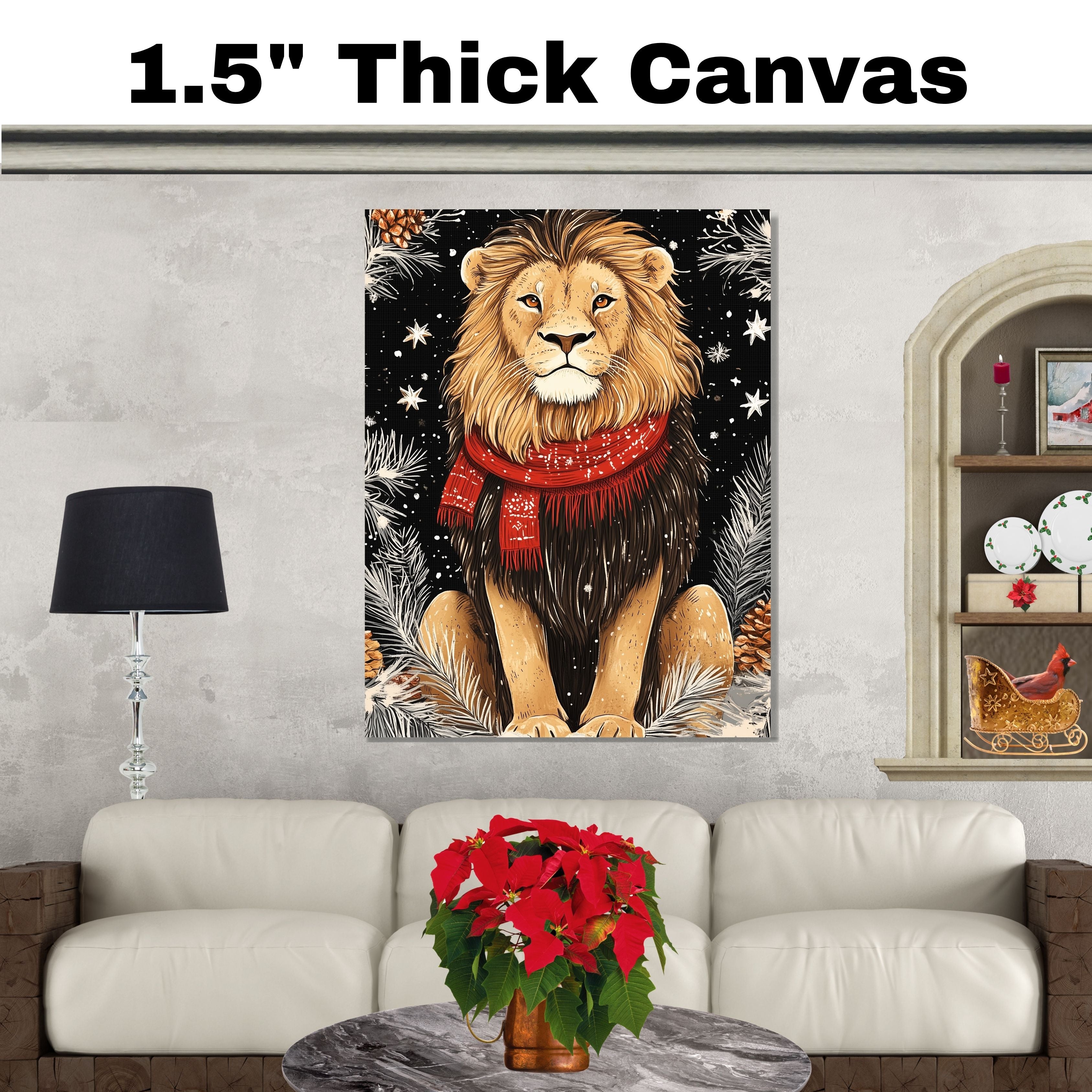 "Frosted Pride Lion" - Lion in Red Scarf Amidst Snowy Scenery on Ready to Hang 1.5" Thick Canvas Wrap, Floating Framed Canvas, Flat Rolled Canvas