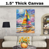 Vibrant Sailboat Watercolor Painting with Ocean Waves, Colorful Sky, and Reflections on the Shore on Ready to Hang 1.5" Thick Canvas Wrap, Floating Framed Canvas, Flat Rolled Canvas