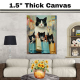 Retail Therapy: Tuxedo Cat Mom with Three Kittens in Chic Paper Bags on Ready to Hang 1.5" Thick Canvas Wrap, Floating Framed Canvas, Flat Rolled Canvas