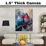 Two Colorful Pigeons Sitting Together on a Branch with Iridescent Feathers in Soft Pastel Background Highlighting Their Unique Plumage and Companionship on Ready to Hang 1.5" Thick Canvas Wrap, Floating Framed Canvas, Flat Rolled Canvas