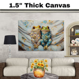 Delightful Painting of Two Frogs in Playful Pajamas Sitting Close Together on a Cozy Bed with Gentle Expressions and a Soft Abstract Background on Ready to Hang 1.5" Thick Canvas Wrap, Floating Framed Canvas, Flat Rolled Canvas