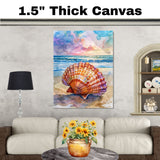 Watercolor Painting of a Multicolored Scallop Shell on the Beach with Ocean Waves and Sunset Sky in Coastal Nature Style on Ready to Hang 1.5" Thick Canvas Wrap, Floating Framed Canvas, Flat Rolled Canvas