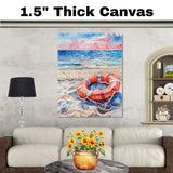 Watercolor Painting of a Life Ring with Anchor on Sandy Beach Beside Ocean Waves and Sunset Sky in Coastal Colors on Ready to Hang 1.5" Thick Canvas Wrap, Floating Framed Canvas, Flat Rolled Canvas