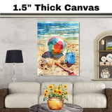 Watercolor Beach Scene with Colorful Ball, Seashells, Starfish, Blue Bucket, and Shovel on Sandy Shore by the Ocean on Ready to Hang 1.5" Thick Canvas Wrap, Floating Framed Canvas, Flat Rolled Canvas