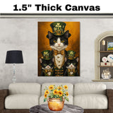 St. Patrick's Day Charm: Tuxedo Mom and Kittens in Irish Luck Costumes on Ready to Hang 1.5" Thick Canvas Wrap, Floating Framed Canvas, Flat Rolled Canvas