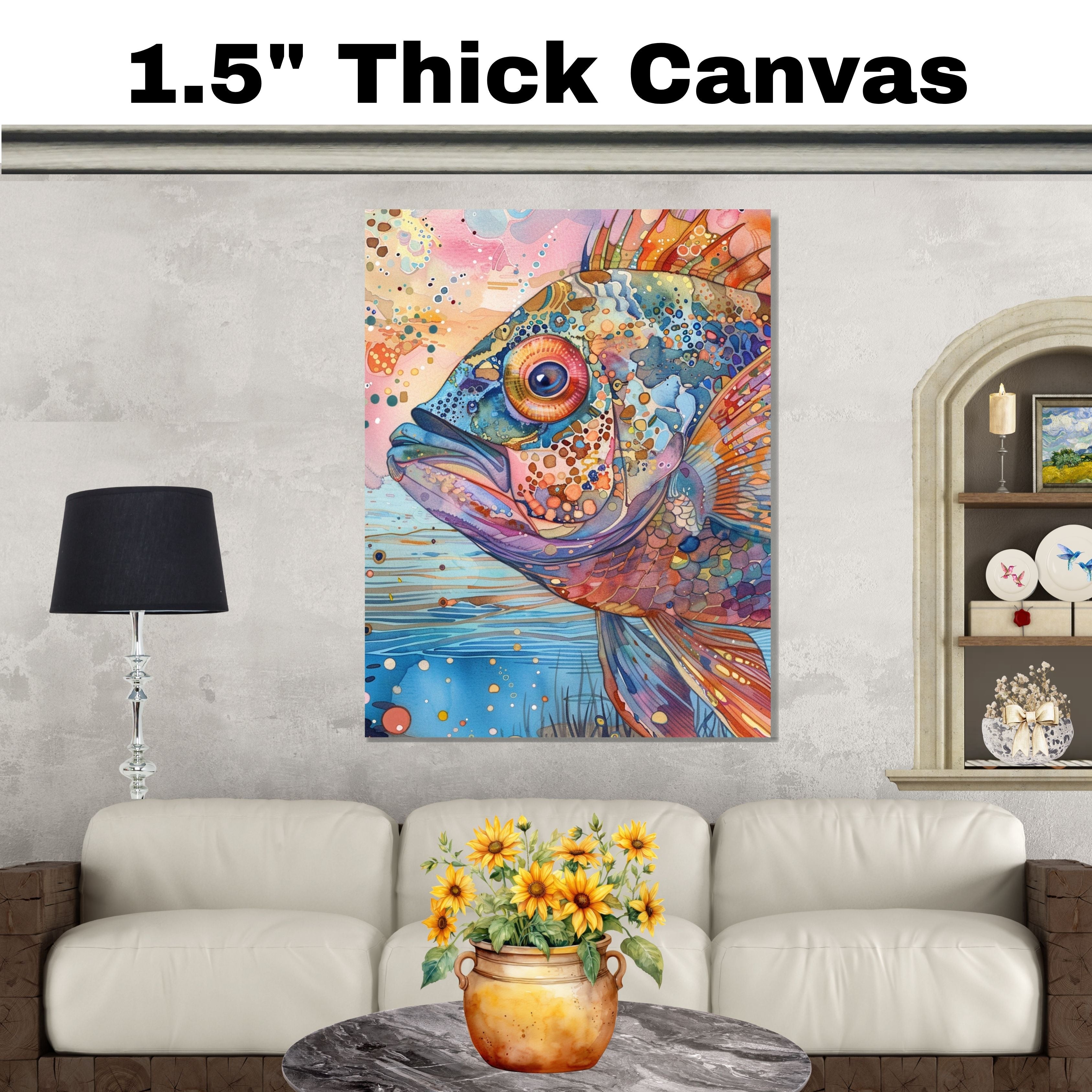 Abstract Watercolor Fish Close-Up in Multicolor Pattern with Ocean Background for Aquatic Wall Art Lovers on Ready to Hang 1.5" Thick Canvas Wrap, Floating Framed Canvas, Flat Rolled Canvas