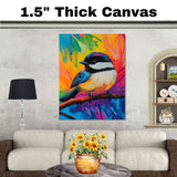 Bold Chickadee Bird with Blue and Yellow Plumage on Branch Against Abstract Rainbow Background on Ready to Hang 1.5" Thick Canvas Wrap, Floating Framed Canvas, Flat Rolled Canvas