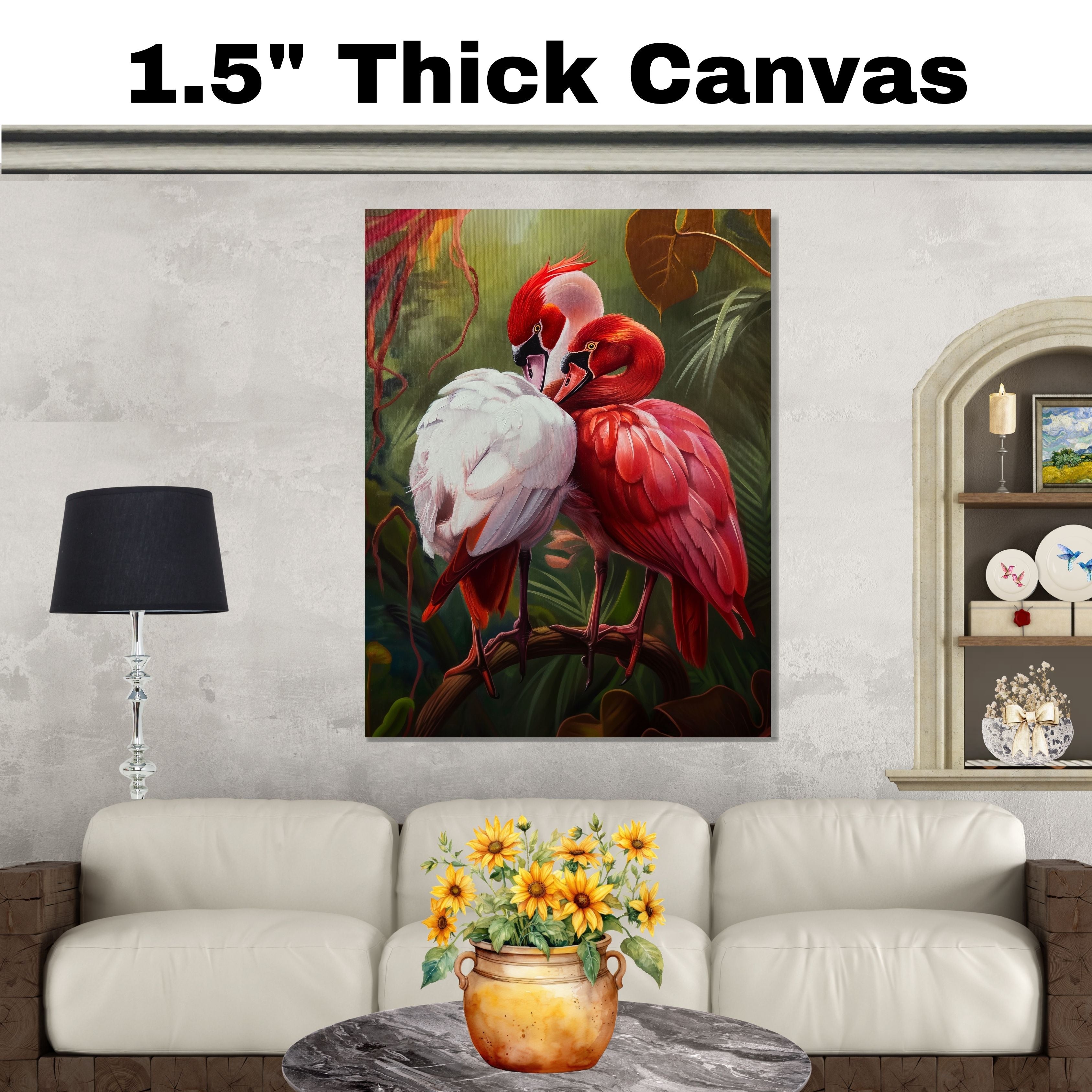 Elegant Flamingo Pair in Lush Jungle Setting with Red and White Plumage and Tropical Foliage Creating a Romantic and Exotic Wildlife Scene on Ready to Hang 1.5" Thick Canvas Wrap, Floating Framed Canvas, Flat Rolled Canvas