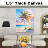Tropical Beach Sunset with Colorful Palm Tree Watercolor Painting Ocean View on Ready to Hang 1.5" Thick Canvas Wrap, Floating Framed Canvas, Flat Rolled Canvas
