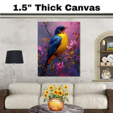 Yellow and Blue Songbird Resting on a Blossom-Filled Branch with Rich Purple and Pink Background on Ready to Hang 1.5" Thick Canvas Wrap, Floating Framed Canvas, Flat Rolled Canvas