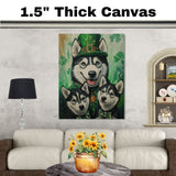 Festive Charm: Siberian Husky with Puppies in St. Patrick's Day Attire on Ready to Hang 1.5" Thick Canvas Wrap, Floating Framed Canvas, Flat Rolled Canvas