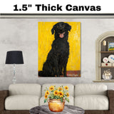 Thoughtful Black Dog Portrait in Oil – Vintage Gustav Klimt-Inspired Art on Yellow-Orange Backdrop on Ready to Hang 1.5" Thick Canvas Wrap, Floating Framed Canvas, Flat Rolled Canvas