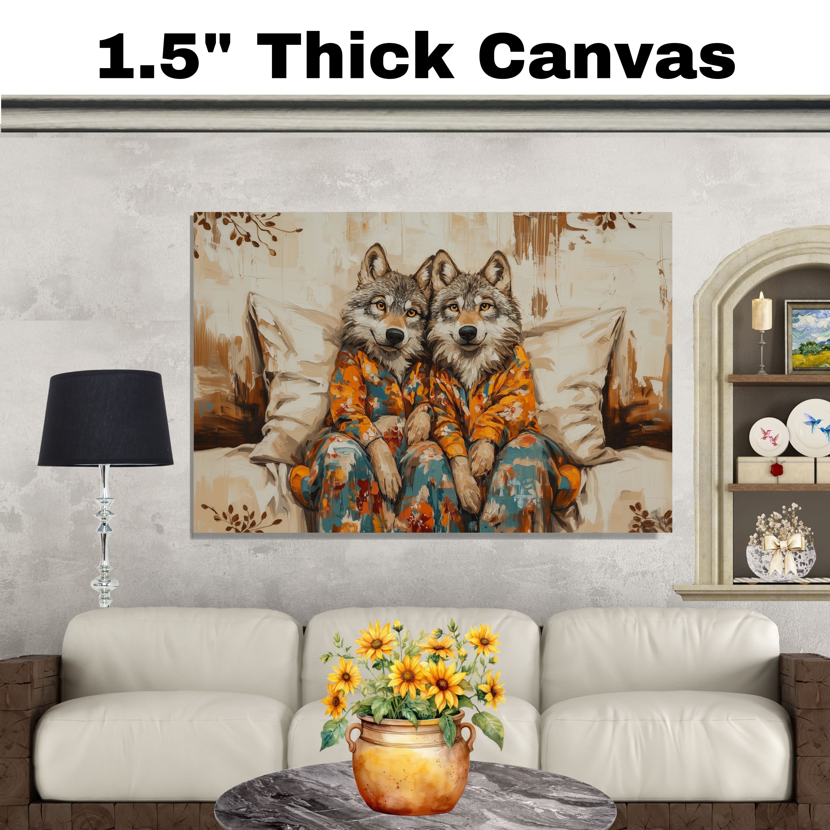 Majestic Painting of Two Wolves in Pajamas Sitting on a Cozy Bed with Warm Tones and Floral Accents in a Whimsical Woodland-Inspired Composition on Ready to Hang 1.5" Thick Canvas Wrap, Floating Framed Canvas, Flat Rolled Canvas