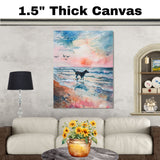 Watercolor Dog Running on Beach at Sunset with Ocean Waves and Birds in Serene Coastal Landscape Art Print on Ready to Hang 1.5" Thick Canvas Wrap, Floating Framed Canvas, Flat Rolled Canvas