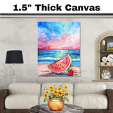 Watercolor Painting of a Watermelon Slice and Strawberry on a Beach at Sunset on Ready to Hang 1.5" Thick Canvas Wrap, Floating Framed Canvas, Flat Rolled Canvas