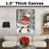 Whimsical Christmas Wolf Ice Skating Print – Woodland Animal Winter Art in Red Snowflake Dress, Cozy Holiday Nursery Wall Decor or Gift for Animal Lovers on Ready to Hang 1.5" Thick Canvas Wrap, Floating Framed Canvas, Flat Rolled Canvas