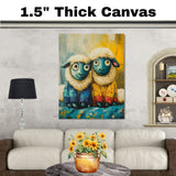 Whimsical Painting of Two Cute Sheep in Colorful Pajamas with Big Eyes and Fluffy Wool Perfect for Kids Room Nursery or Animal Lover Gift on Ready to Hang 1.5" Thick Canvas Wrap, Floating Framed Canvas, Flat Rolled Canvas