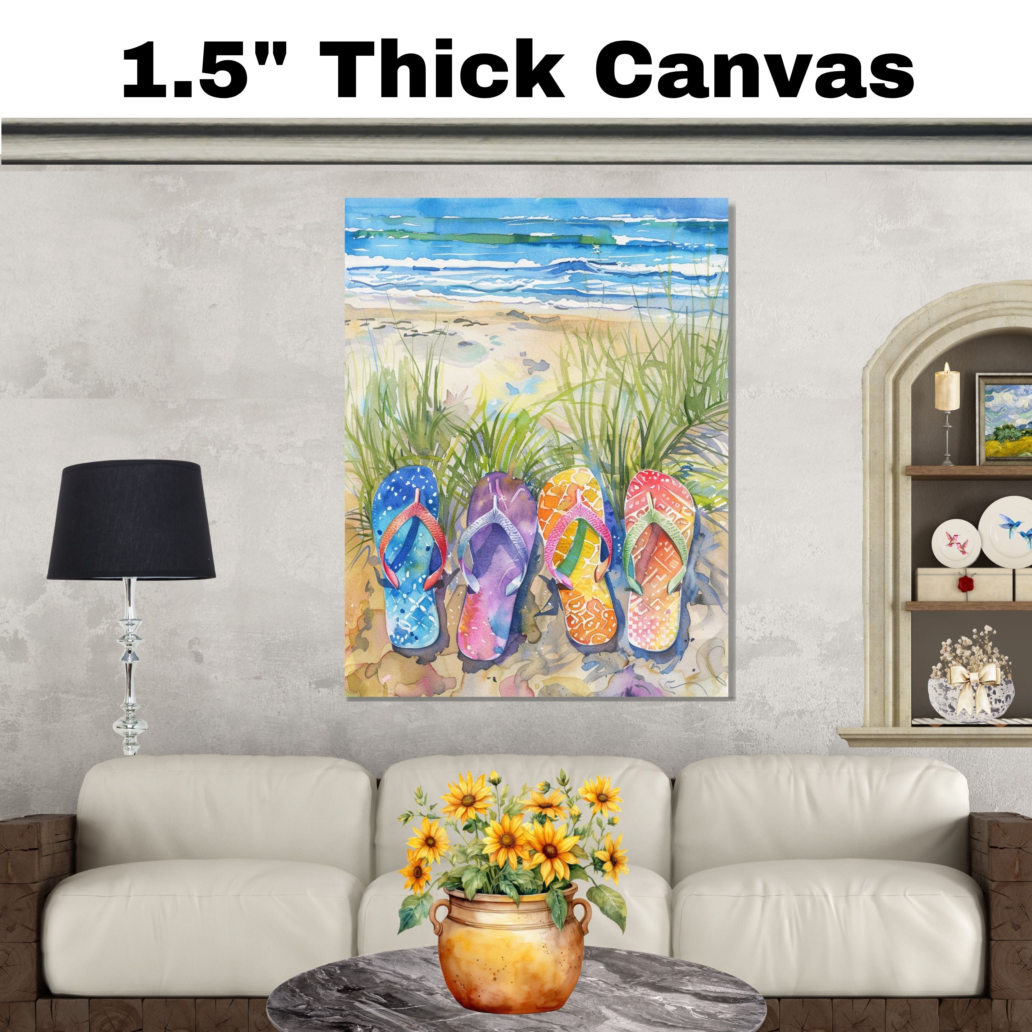 Four Colorful Flip Flops in Beach Grass by Ocean Shore in Vibrant Watercolor Summer Coastal Illustration on Ready to Hang 1.5" Thick Canvas Wrap, Floating Framed Canvas, Flat Rolled Canvas
