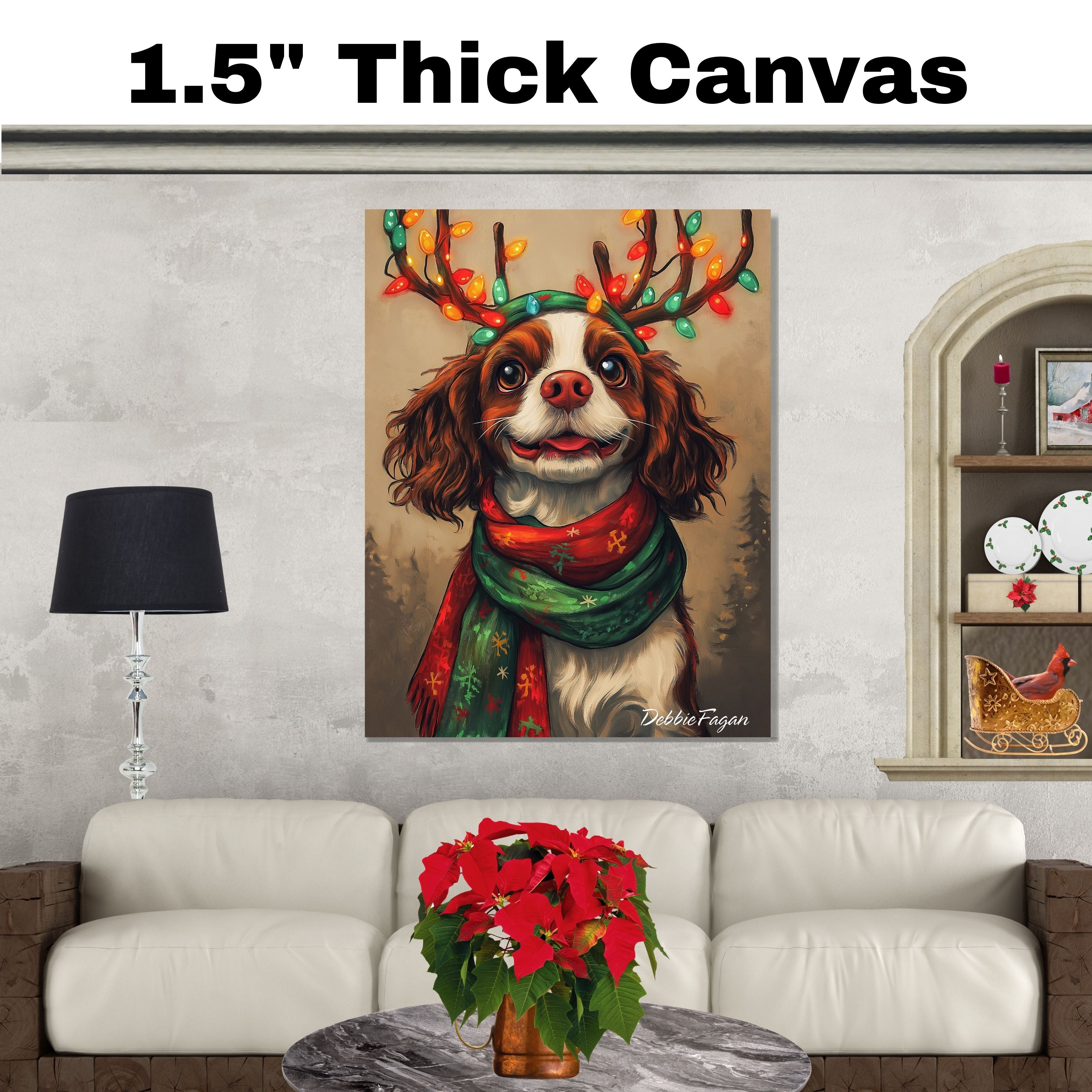 "Forest Frost" - Cavalier King Charles Dog with Lighted Antlers & Festive Scarf in Snowy Forest, Ready to Hang 1.5" Thick Canvas Wrap, Floating Framed Canvas, Flat Rolled Canvas