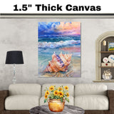 Watercolor Painting of a Multicolored Seashell on the Beach with Ocean Waves and Vibrant Sunset Sky in Coastal Style on Ready to Hang 1.5" Thick Canvas Wrap, Floating Framed Canvas, Flat Rolled Canvas
