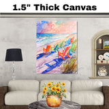 Rainbow Beach Chairs on Sandy Shore Watercolor Painting with Vibrant Ocean Waves and Colorful Summer Sky on Ready to Hang 1.5" Thick Canvas Wrap, Floating Framed Canvas, Flat Rolled Canvas