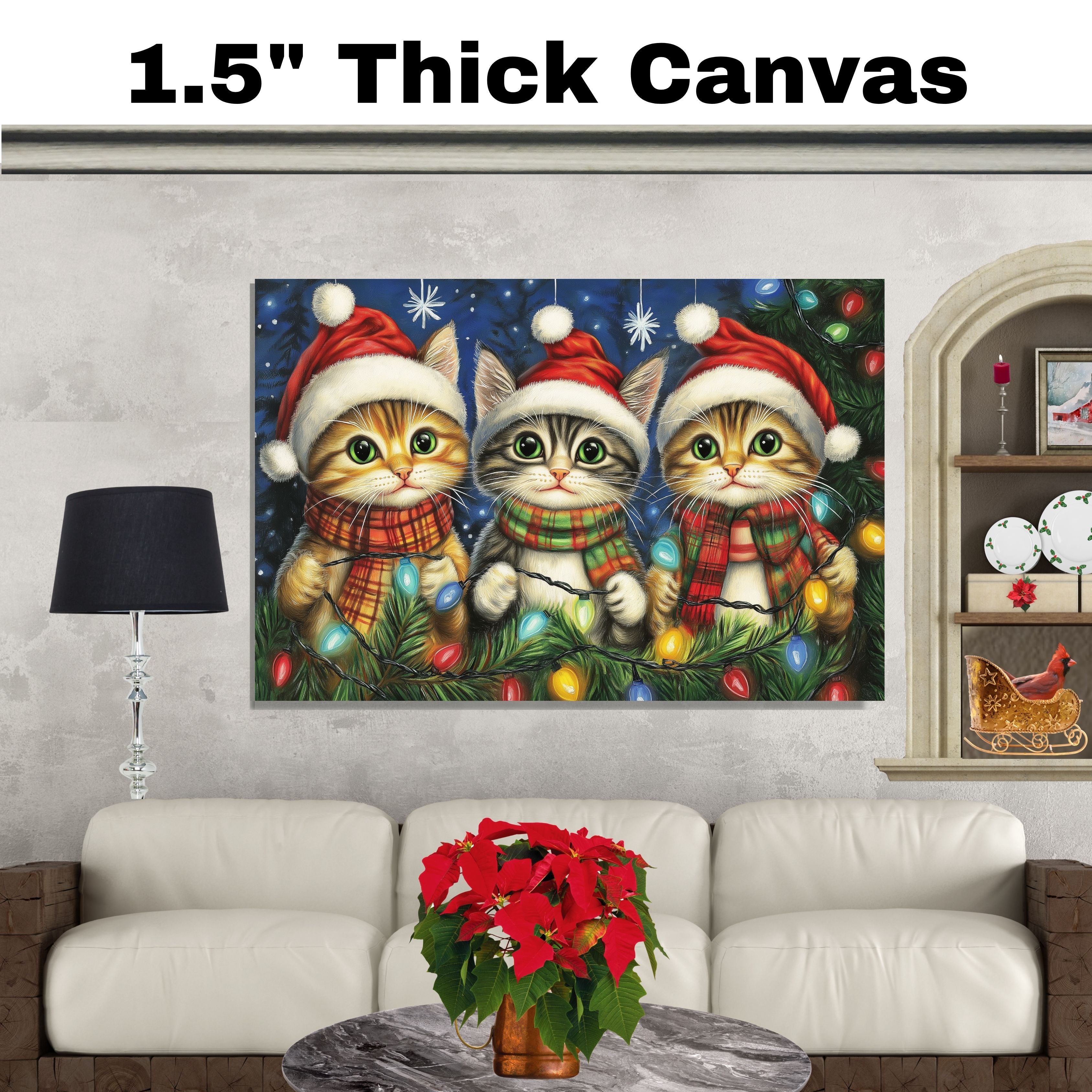 Christmas Kitten Art Print with Three Cute Cats in Santa Hats and Scarves Hand Drawn Holiday Cat Illustration for Festive Gift or Cozy Winter Home Decor on Ready to Hang 1.5" Thick Canvas Wrap, Floating Framed Canvas, Flat Rolled Canvas