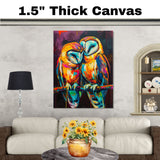Expressive Barn Owl Pair Artwork Featuring Vibrant Brushstroke Colors in Orange Blue and Pink Perched on a Branch with Bold Abstract Purple Background on Ready to Hang 1.5" Thick Canvas Wrap, Floating Framed Canvas, Flat Rolled Canvas