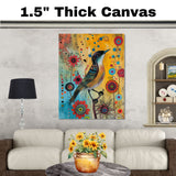 Playful Painting of a Colorful Bird with Patterned Feathers Surrounded by Bright Abstract Flowers and Dots Perfect for Nature Inspired or Modern Artistic Spaces on Ready to Hang 1.5" Thick Canvas Wrap, Floating Framed Canvas, Flat Rolled Canvas