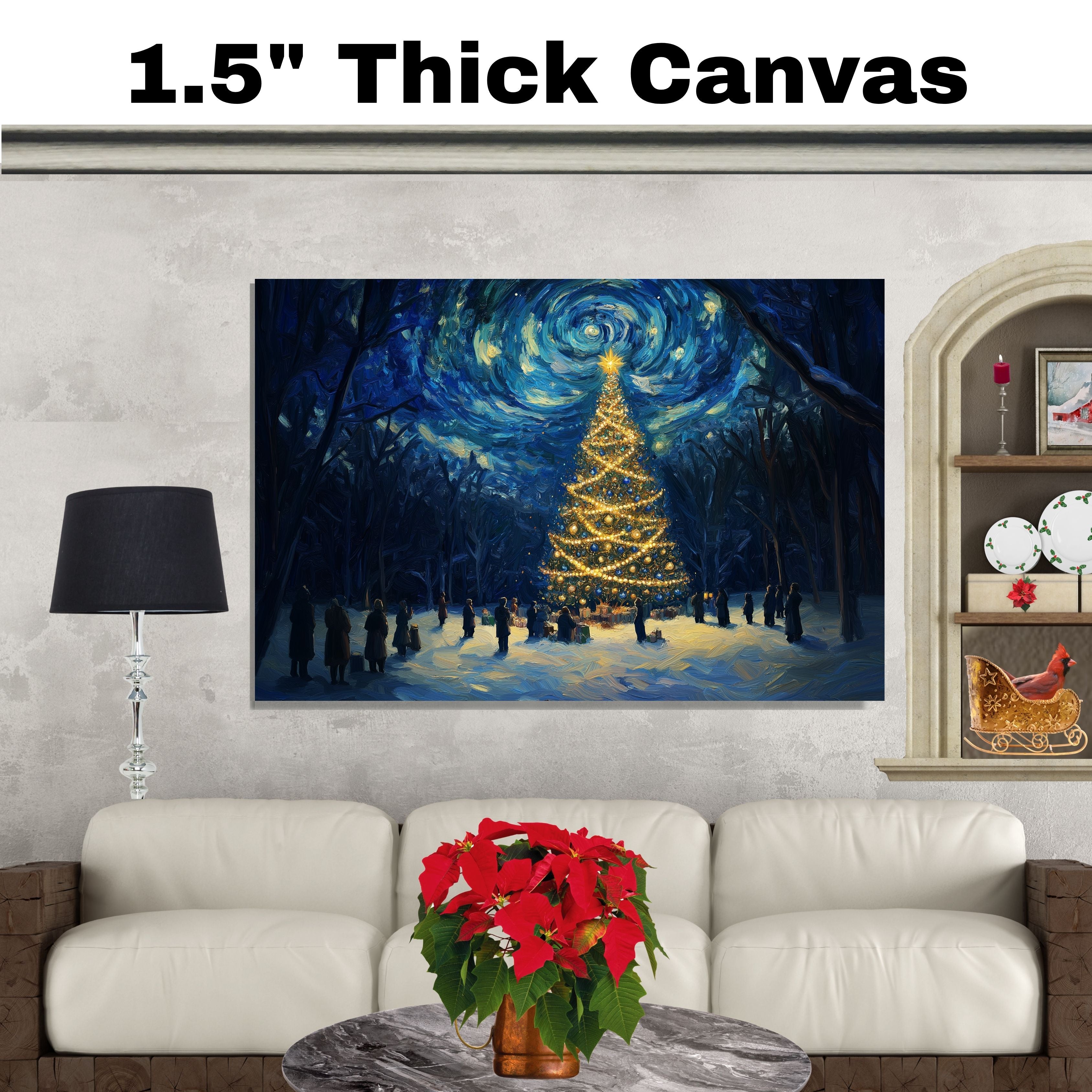 Magical Christmas Scene with Glowing Tree and Swirling Starry Sky, Winter Night Celebration with People in a Snowy Forest Surrounded by Gifts and Light on Ready to Hang 1.5" Thick Canvas Wrap, Floating Framed Canvas, Flat Rolled Canvas