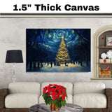 Magical Christmas Scene with Glowing Tree and Swirling Starry Sky, Winter Night Celebration with People in a Snowy Forest Surrounded by Gifts and Light on Ready to Hang 1.5" Thick Canvas Wrap, Floating Framed Canvas, Flat Rolled Canvas