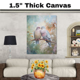 Romantic Pair of Lovebirds on a Branch with Soft Pastel Background Painting on Ready to Hang 1.5" Thick Canvas Wrap, Floating Framed Canvas, Flat Rolled Canvas