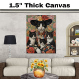 Elegant Blooms: Tuxedo Cat Mom in Victorian Attire with Three Kittens on Ready to Hang 1.5" Thick Canvas Wrap, Floating Framed Canvas, Flat Rolled Canvas