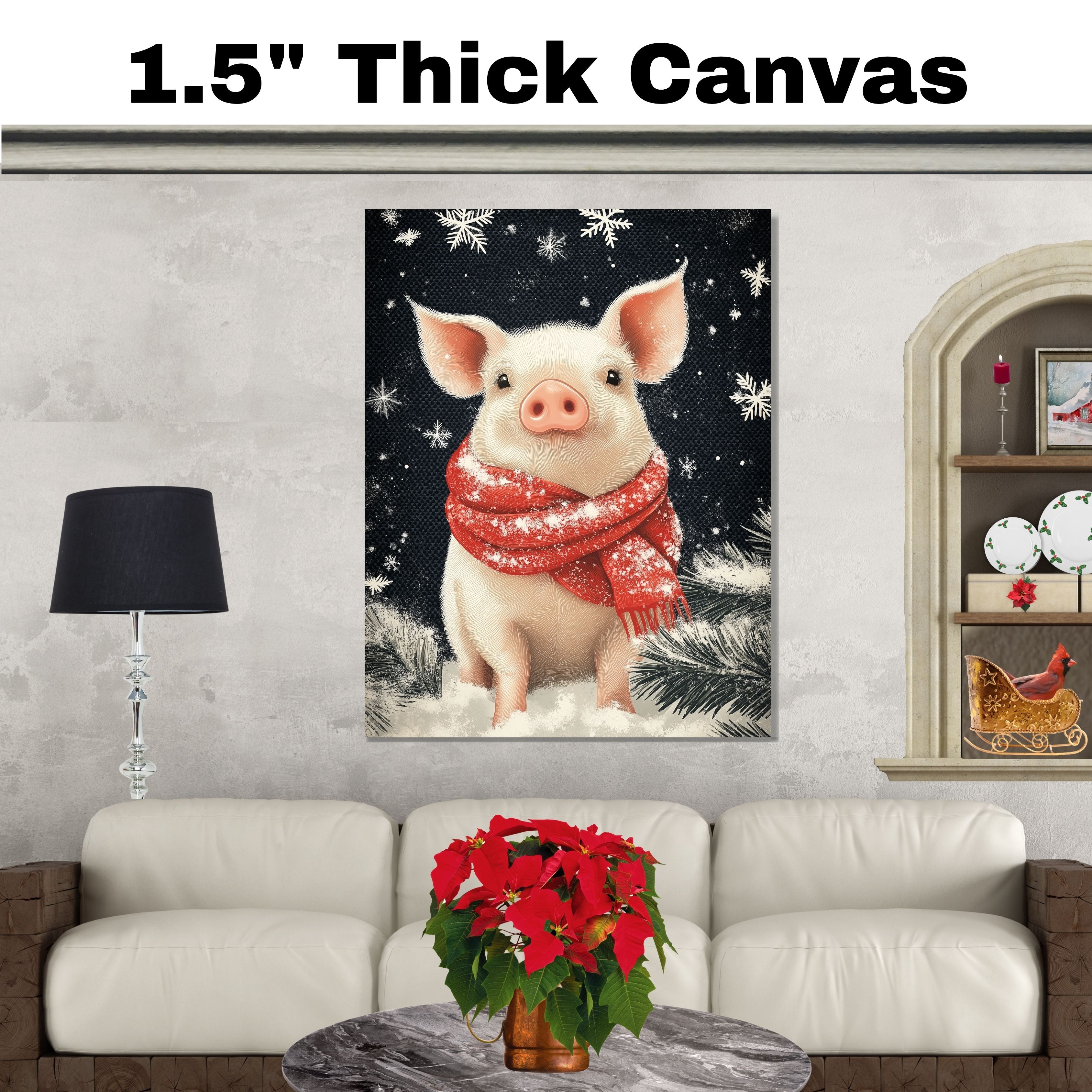 "Winter Cuddle Pig" - Pig in Red Scarf Cozy in Snow on Ready to Hang 1.5" Thick Canvas Wrap, Floating Framed Canvas, Flat Rolled Canvas