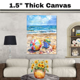 Watercolor Beach Scene with Colorful Ball Blue Bucket Shells and Shovel on Sandy Shore with Ocean Waves and Bright Sky on Ready to Hang 1.5" Thick Canvas Wrap, Floating Framed Canvas, Flat Rolled Canvas