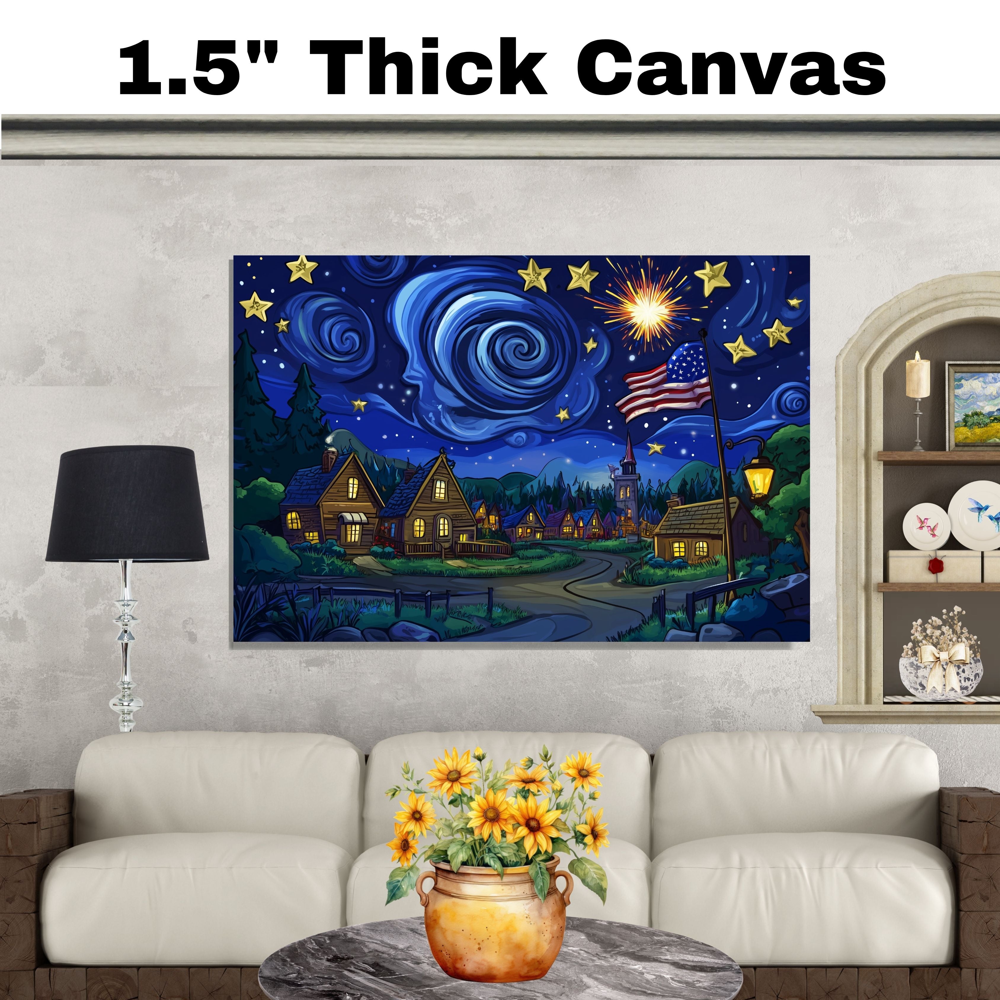 Whimsical 4th of July Village Scene with Fireworks, American Flag, and Starry Swirling Sky, Glowing Homes and a Festive Night Full of Wonder and Celebration on Ready to Hang 1.5" Thick Canvas Wrap, Floating Framed Canvas, Flat Rolled Canvas