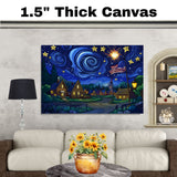 Whimsical 4th of July Village Scene with Fireworks, American Flag, and Starry Swirling Sky, Glowing Homes and a Festive Night Full of Wonder and Celebration on Ready to Hang 1.5" Thick Canvas Wrap, Floating Framed Canvas, Flat Rolled Canvas