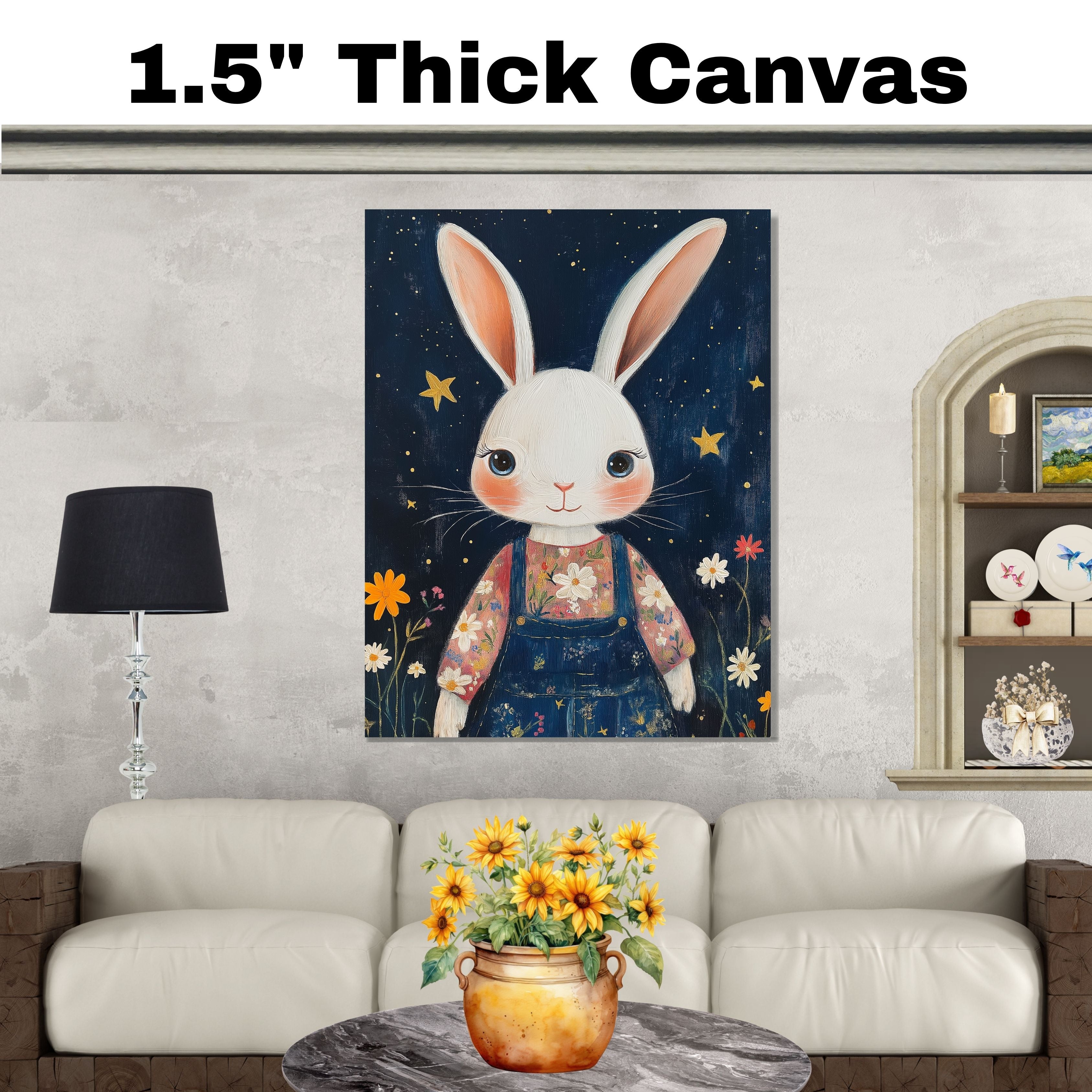 Adorable White Bunny in Floral Shirt and Overalls Hand Painted Art Whimsical Night Sky Scene Perfect for Nursery Kids Room Wall Decor Bedroom or Gift on Ready to Hang 1.5" Thick Canvas Wrap, Floating Framed Canvas, Flat Rolled Canvas