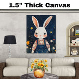 Adorable White Bunny in Floral Shirt and Overalls Hand Painted Art Whimsical Night Sky Scene Perfect for Nursery Kids Room Wall Decor Bedroom or Gift on Ready to Hang 1.5" Thick Canvas Wrap, Floating Framed Canvas, Flat Rolled Canvas