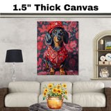 Heartfelt Elegance: Dachshund in a Red Love-Themed Top and Hat Adorable Romantic Painting on Ready to Hang 1.5" Thick Canvas Wrap, Floating Framed Canvas, Flat Rolled Canvas