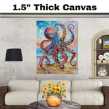 Watercolor Painting of a Vivid Multicolored Octopus on the Beach with Bright Tentacles and Coastal Ocean Background on Ready to Hang 1.5" Thick Canvas Wrap, Floating Framed Canvas, Flat Rolled Canvas