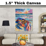 Watercolor Painting of a Colorful Lobster on the Beach with Waves and Vibrant Sunset Sky in Coastal Marine Style on Ready to Hang 1.5" Thick Canvas Wrap, Floating Framed Canvas, Flat Rolled Canvas