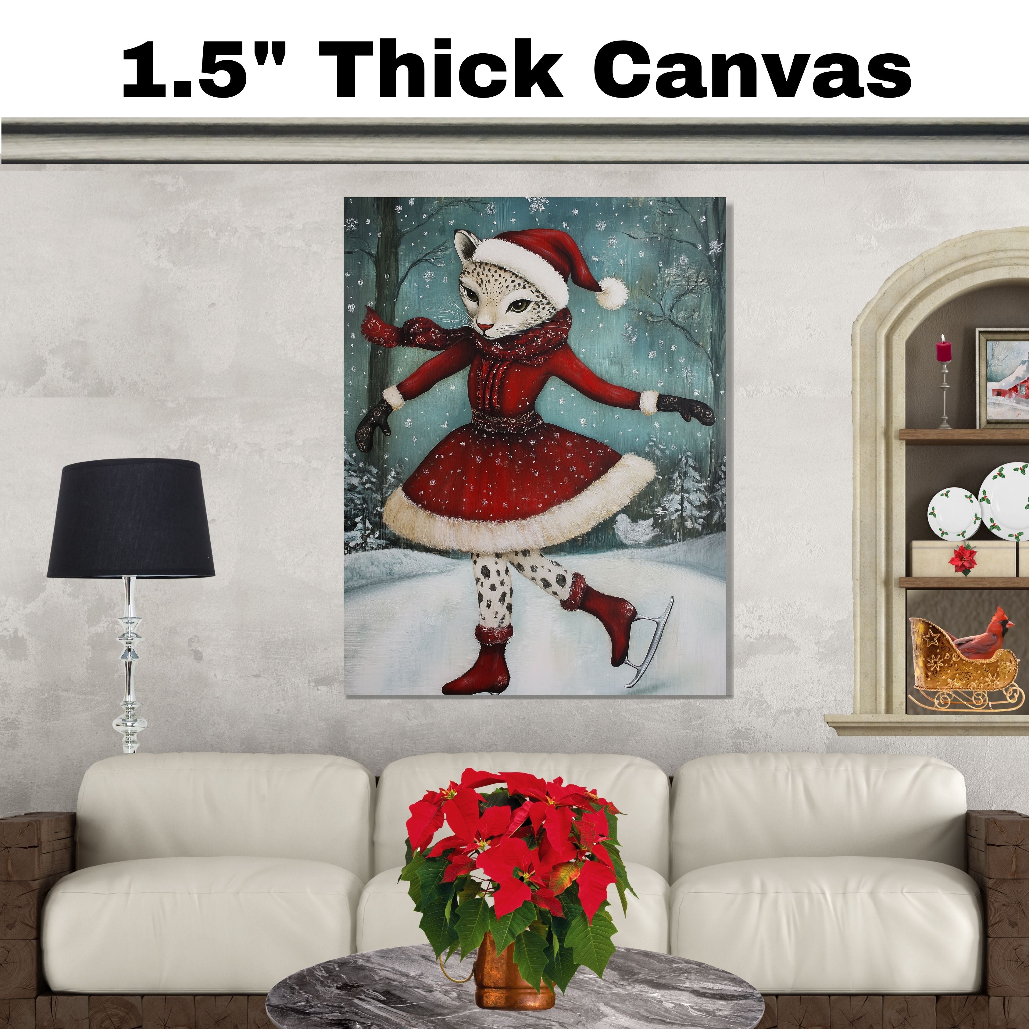 Graceful Christmas Cougar Ice Skating in Red Dress Whimsical Holiday Big Cat Art in Snowy Forest for Winter Decor and Festive Animal-Themed Home Styling on Ready to Hang 1.5" Thick Canvas Wrap, Floating Framed Canvas, Flat Rolled Canvas