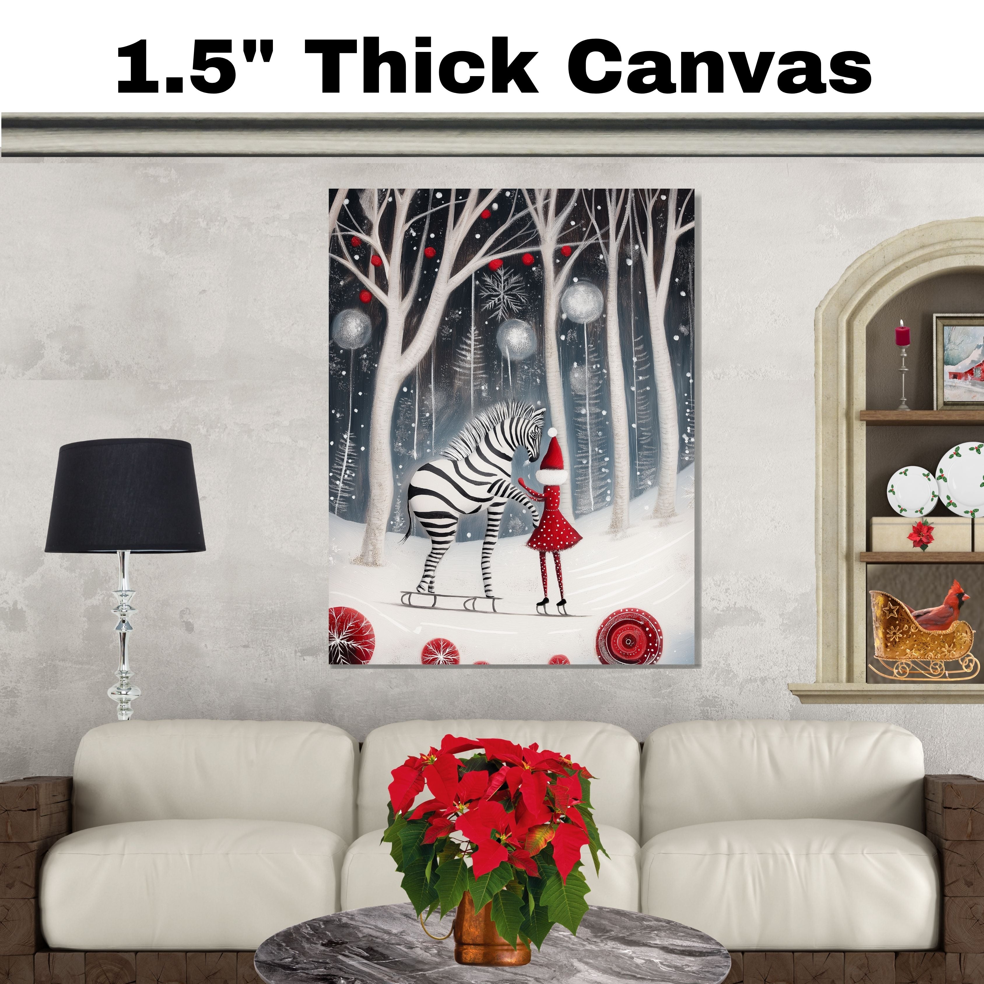 Enchanted Christmas Zebra Ice Skating Print – Whimsical Winter Art with Girl in Red Dress, Snowy Forest Holiday Decor, Fantasy Animal Illustration on Ready to Hang 1.5" Thick Canvas Wrap, Floating Framed Canvas, Flat Rolled Canvas