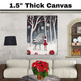Enchanted Christmas Zebra Ice Skating Print – Whimsical Winter Art with Girl in Red Dress, Snowy Forest Holiday Decor, Fantasy Animal Illustration on Ready to Hang 1.5" Thick Canvas Wrap, Floating Framed Canvas, Flat Rolled Canvas