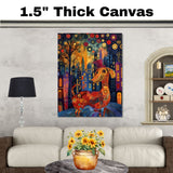 Whimsical Colorful Dachshund Dog in Fantasy City Night Scene Playful and Cheerful Art for Home Wall Decor Living Room Bedroom or Unique Dog Lover Gift on Ready to Hang 1.5" Thick Canvas Wrap, Floating Framed Canvas, Flat Rolled Canvas