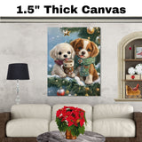 Two Baby Puppies in Scarves Sharing Hot Cocoa on Snowy Christmas Tree Branch with Ornaments and Lights Holiday Art Print for Nursery or Festive Decor on Ready to Hang 1.5" Thick Canvas Wrap, Floating Framed Canvas, Flat Rolled Canvas